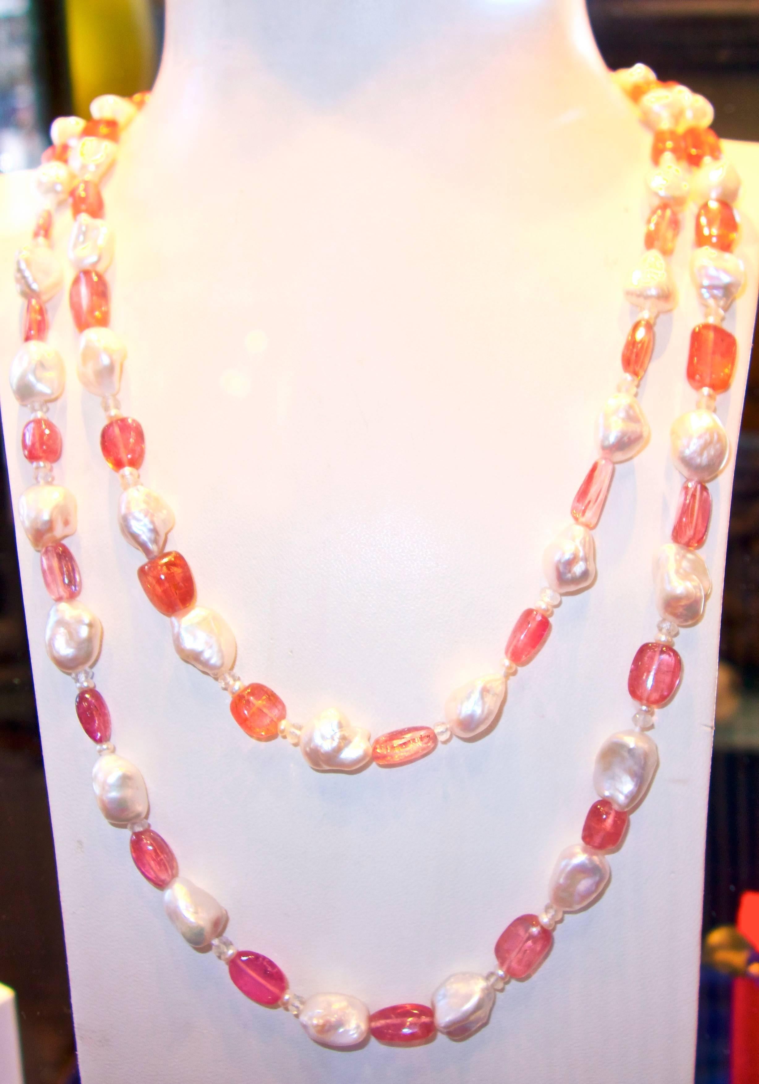 Women's or Men's Sautoir of fine natural Pink Tourmaline and Baroque Pearls