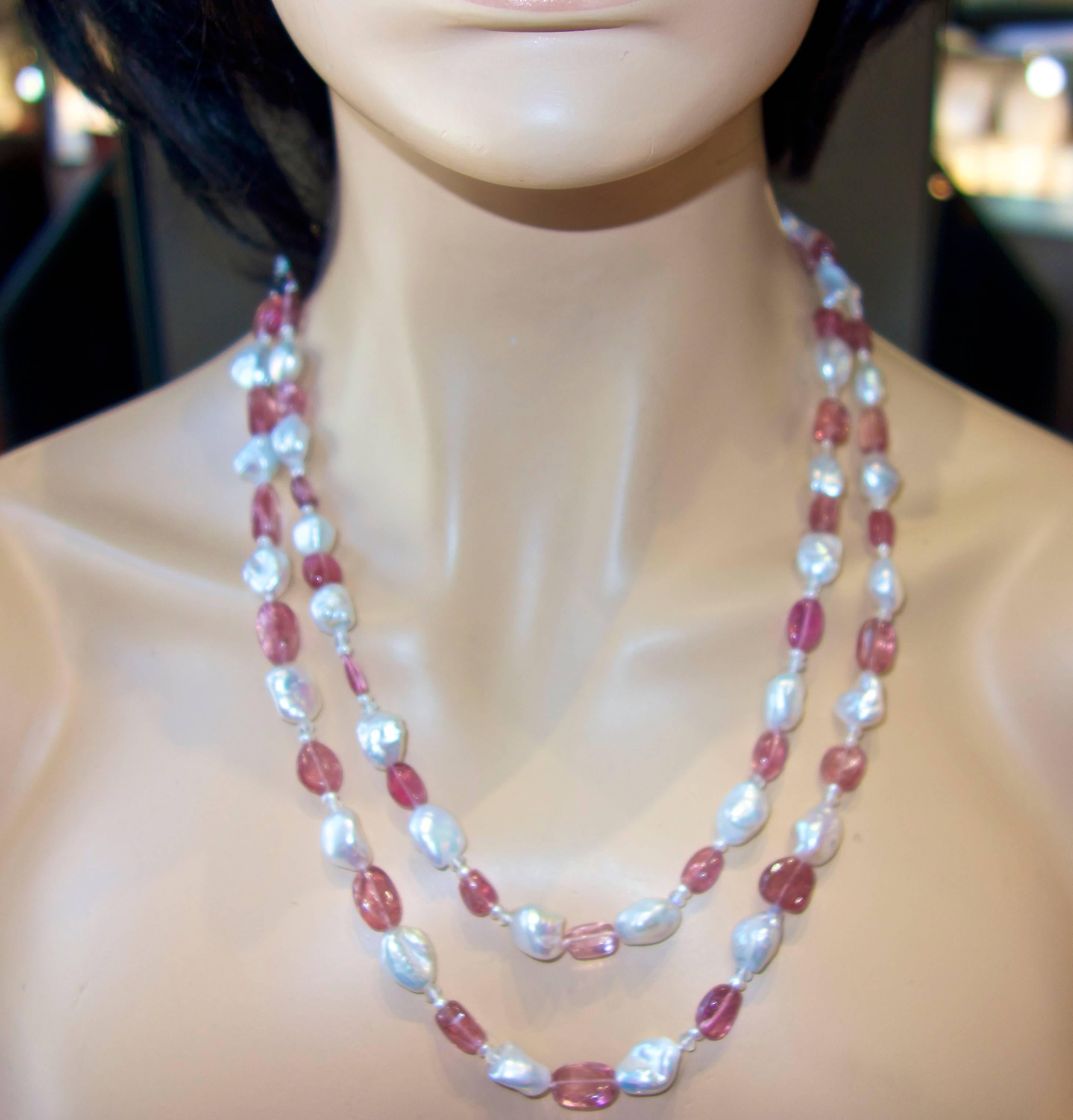 Sautoir of fine natural Pink Tourmaline and Baroque Pearls 1