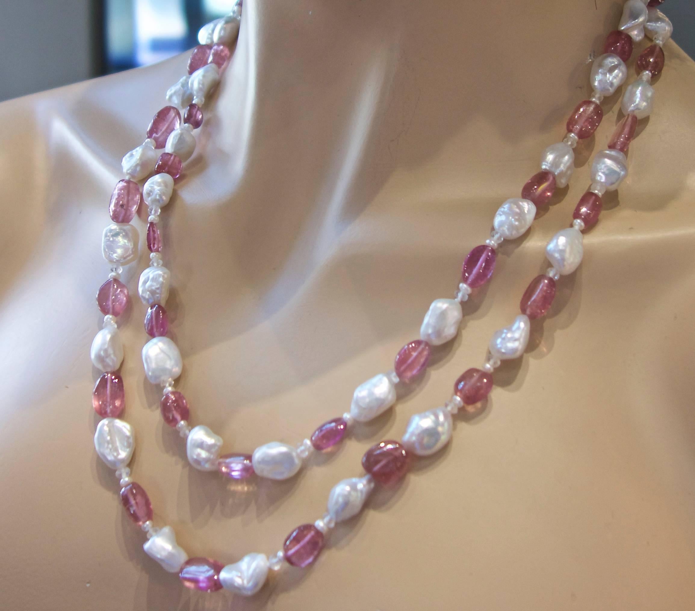 Sautoir of fine natural Pink Tourmaline and Baroque Pearls 2