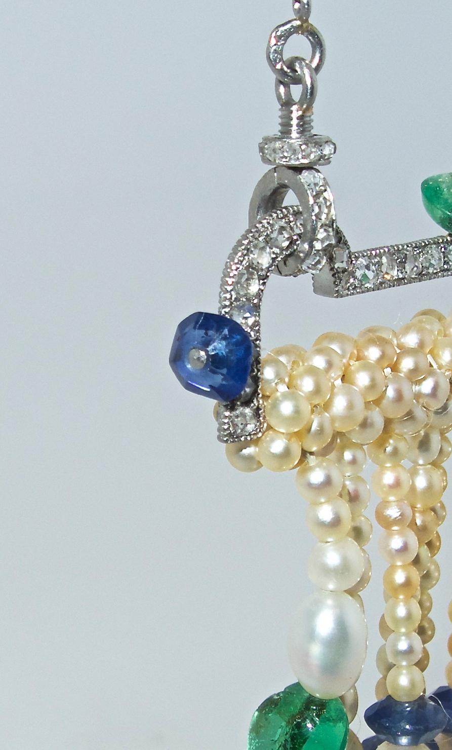 Art Deco French Diamond, Natural Pearl, Emerald, Sapphire Necklace 3