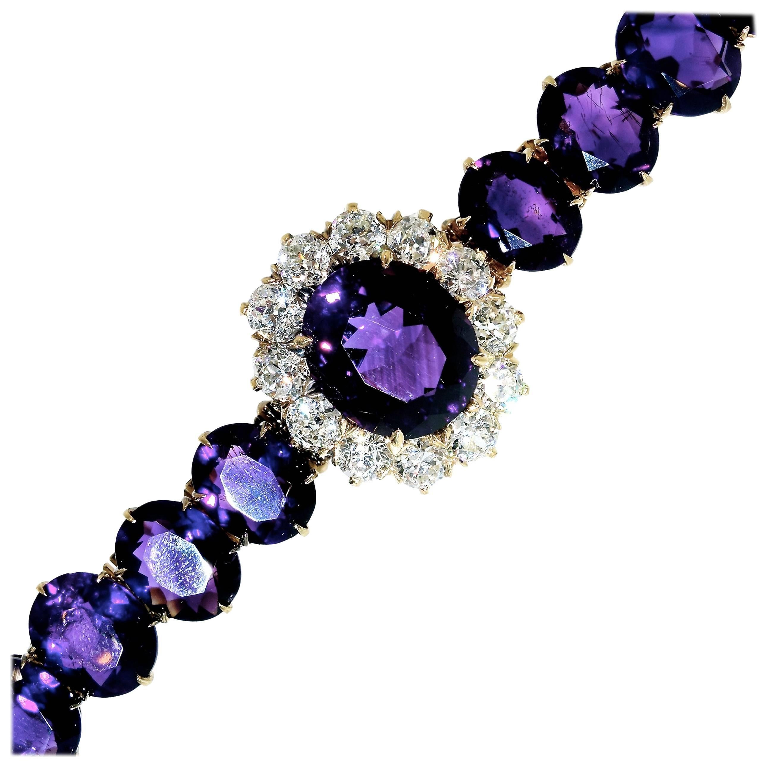 19th century gold bracelet with approximately 35 cts. of fine deep purple/red natural amethysts and 3.6 cts of 
European cut diamonds, all near colorless and very slightly included.  This bracelet is well made and 6.75 inches in length.