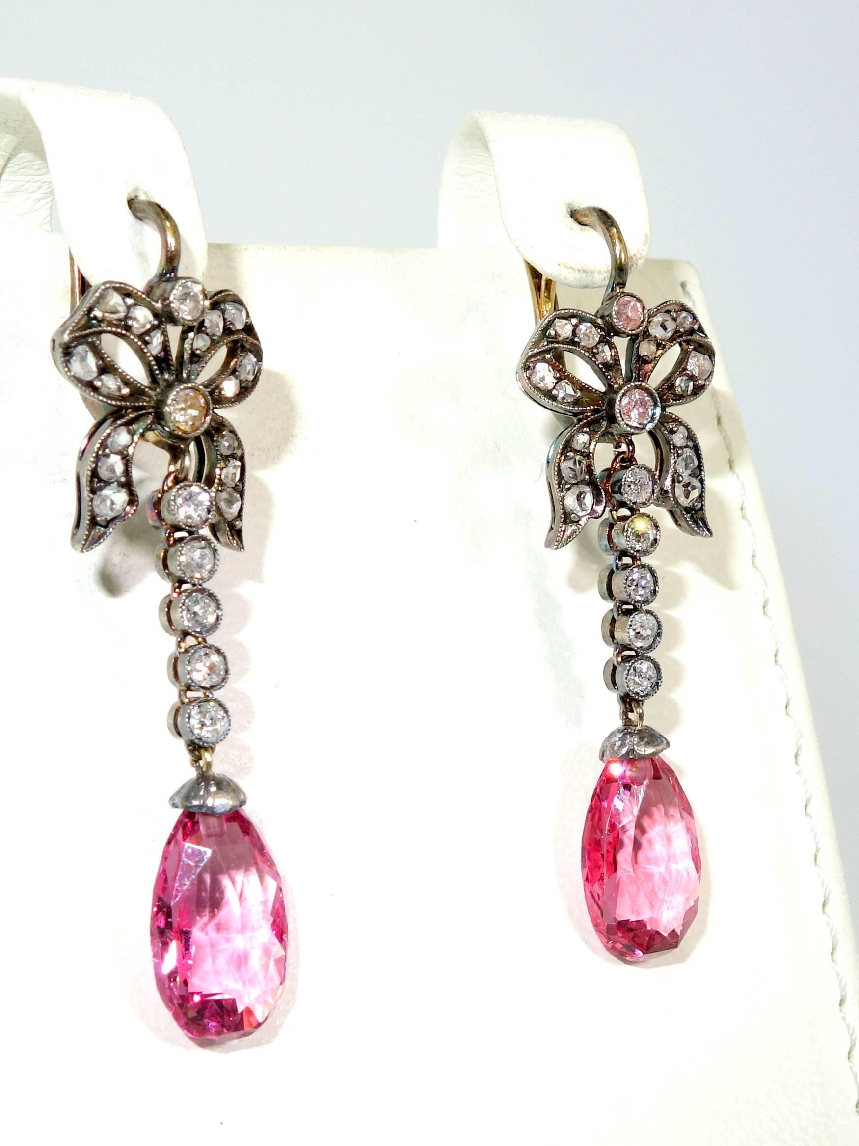 Antique Pink Spinel and Diamond Drop Earrings im Zustand „Hervorragend“ in Aspen, CO