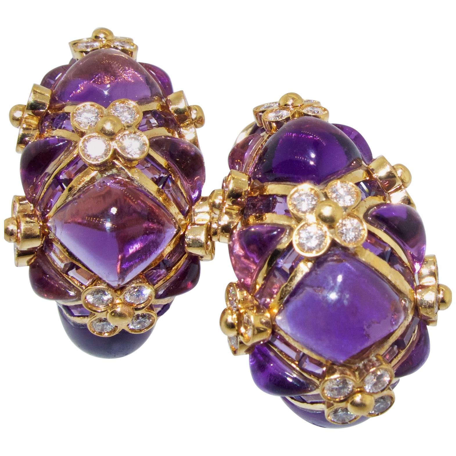 Diamond and Amethyst 18K Contemporary Earrings