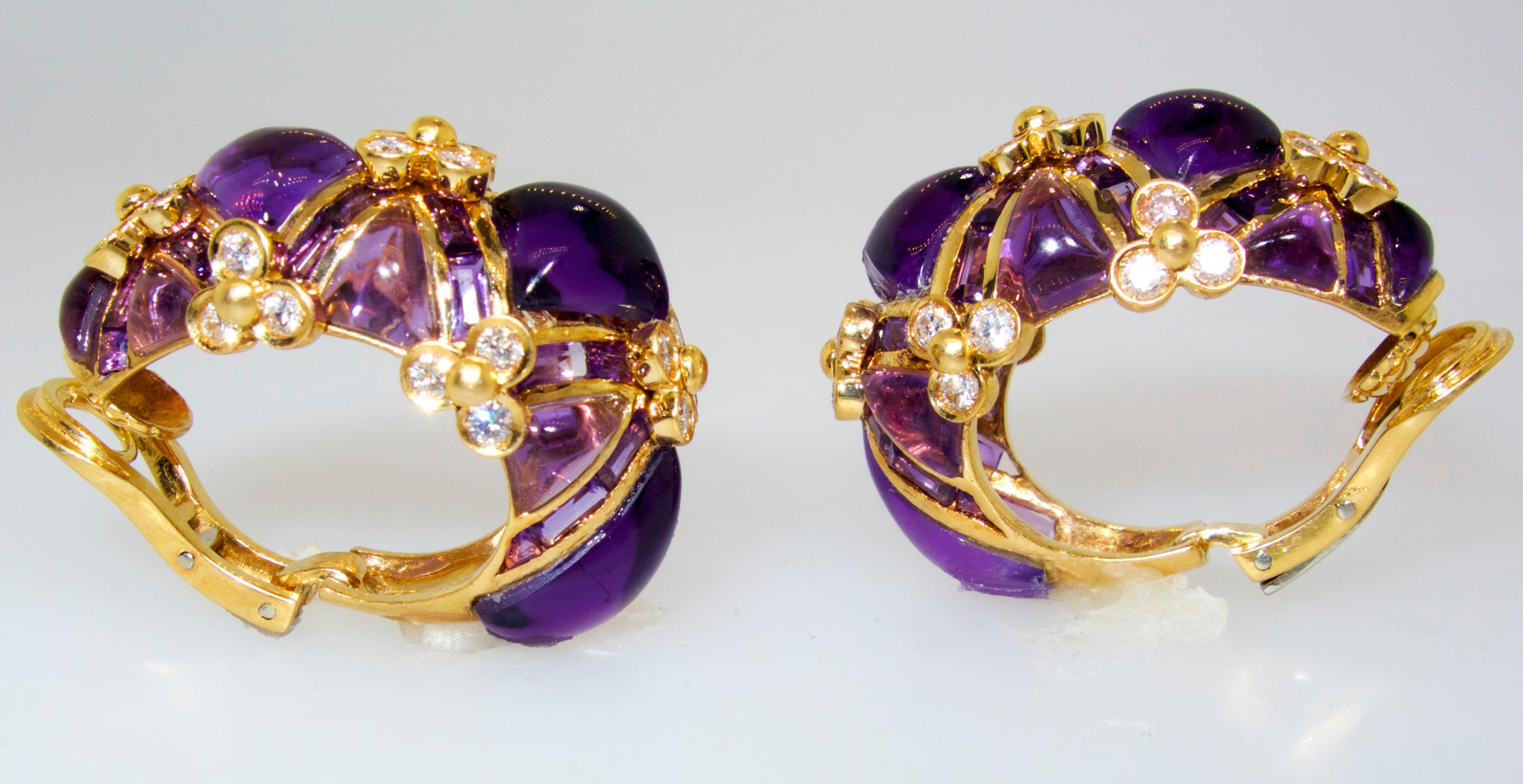 Diamond and Amethyst 18K Contemporary Earrings In Excellent Condition In Aspen, CO