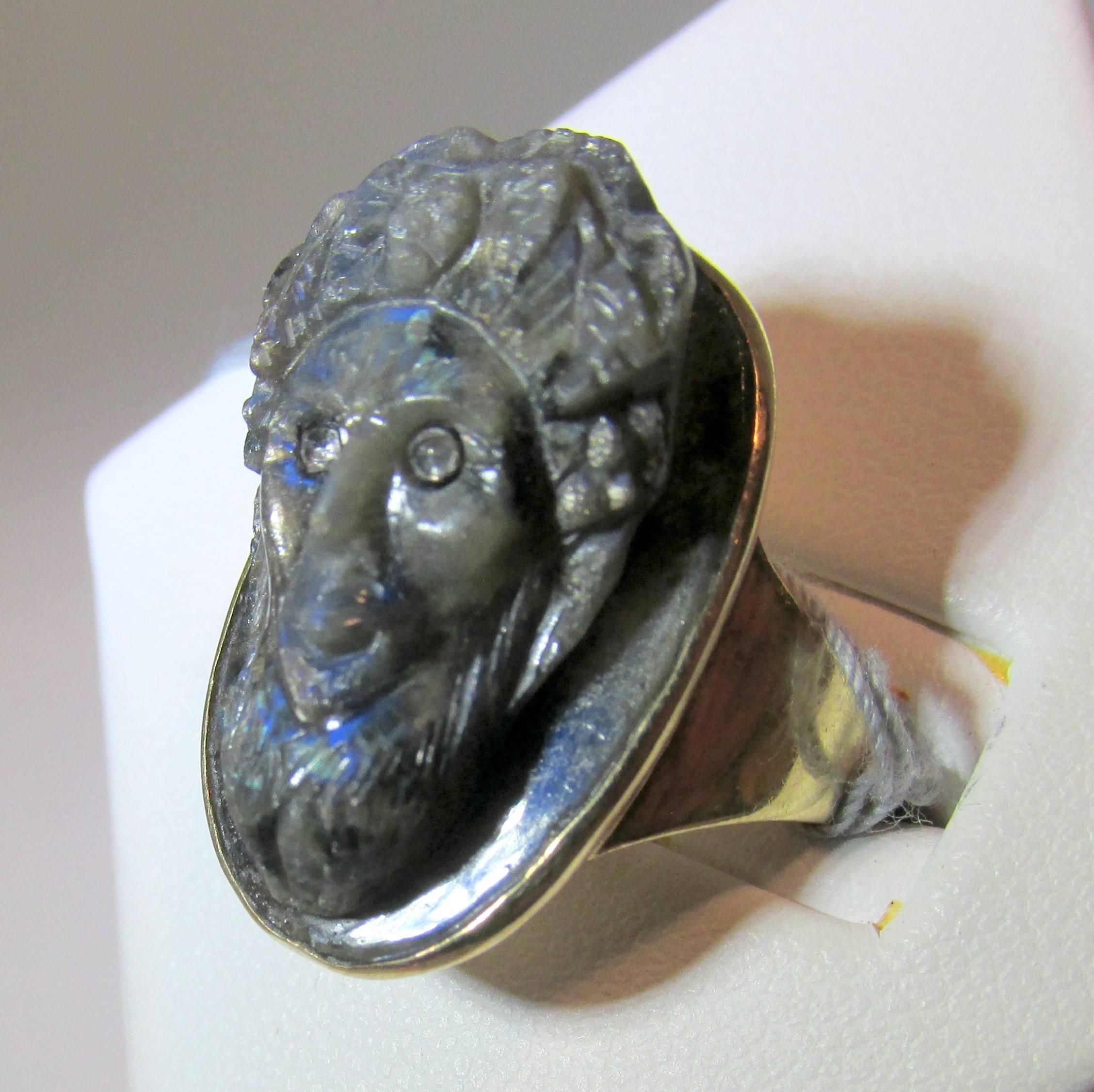 Late Victorian 1890 Victorian Carved Labradorite Diamond Gold Ring