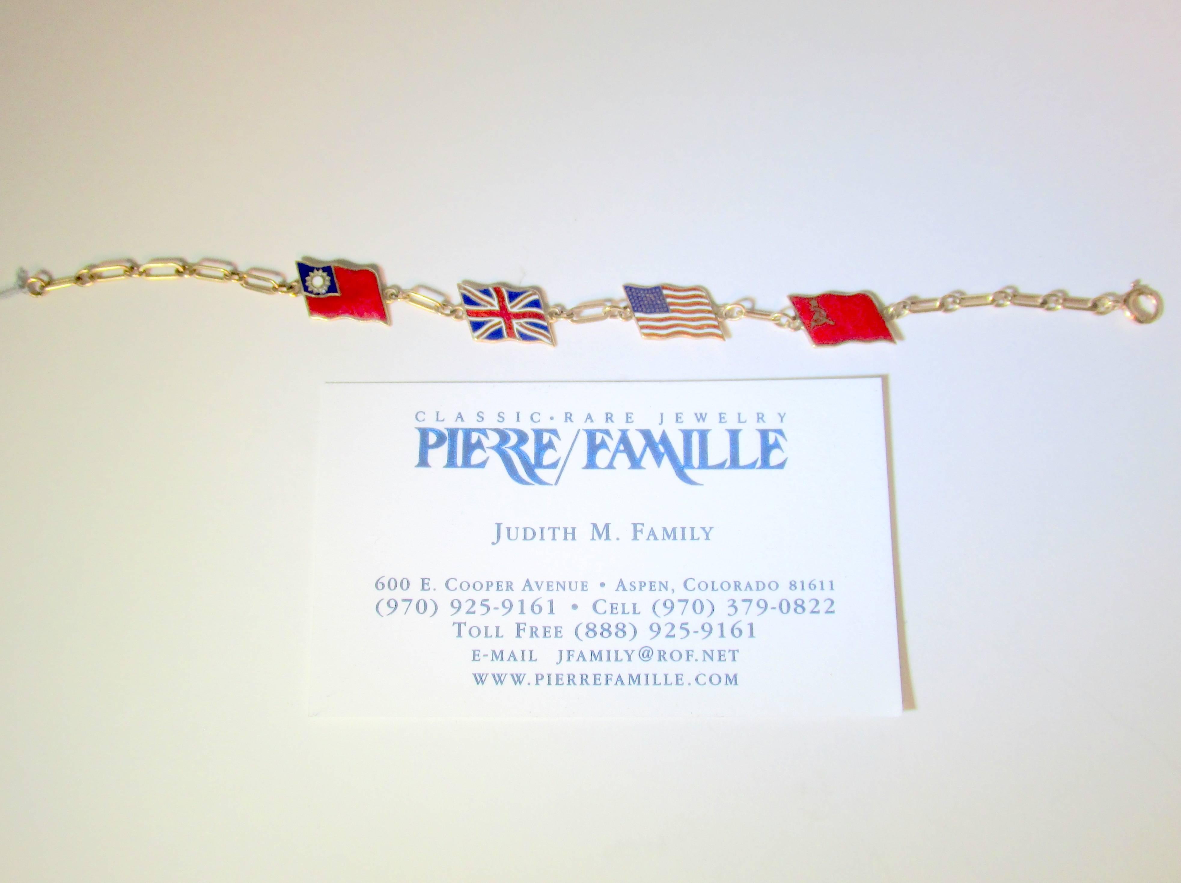Set in 14k, there are 4 enameled flags representing United States, Russia, United Kingdom and Republic of China - allies in the Second World War.
