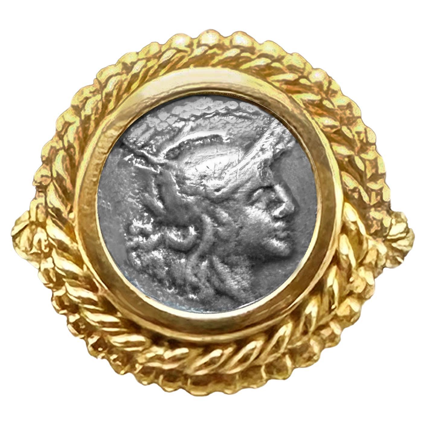 Genuine Roman Coin (3rd cent. BC) 18 Kt Gold Ring depicting the Goddess Rome  For Sale