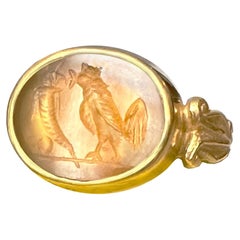 Ancient Roman Carnelian Intaglio 18Kt Gold Ring depicting Rooster and Cornucopia
