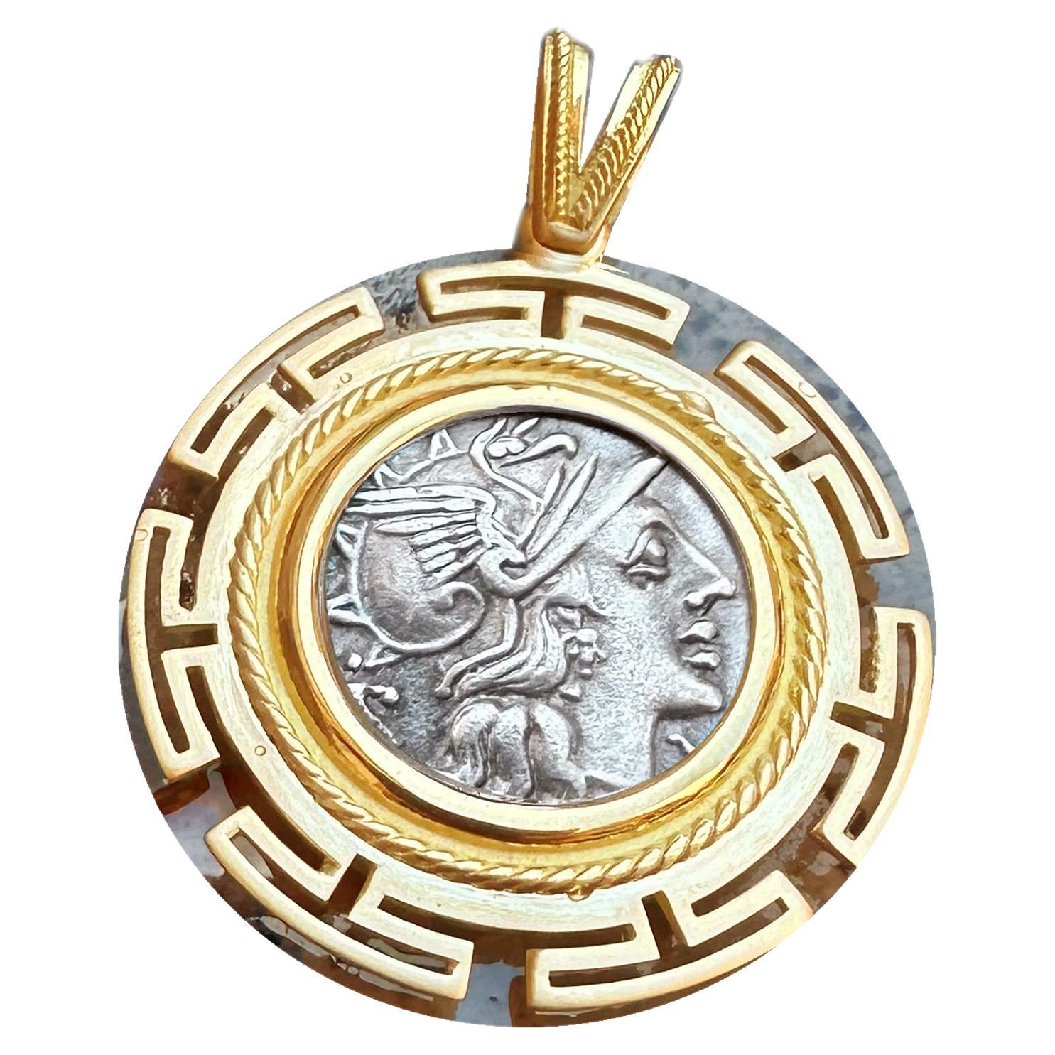Genuine pièce de monnaie romaine ancienne 148 avant J.-C. en or 18 carats représentant la déesse Rome