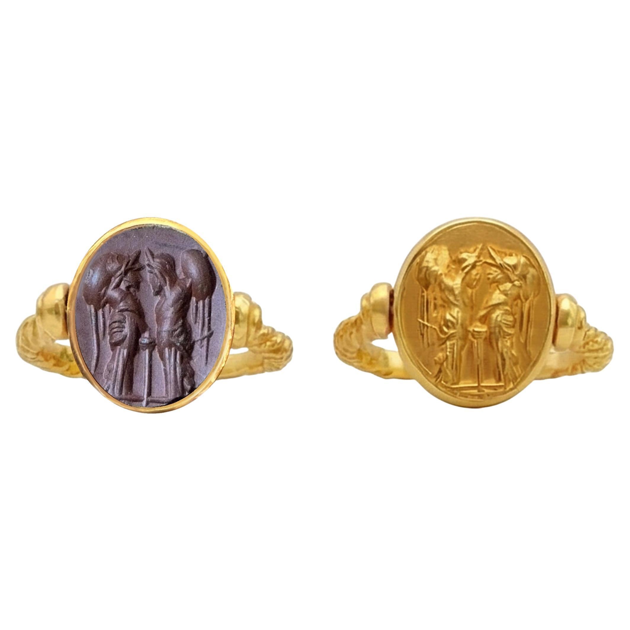 CASTOR AND POLLUX Roman Jasper Intaglio 1st-2nd cent. AD 22 Kt Gold Ring