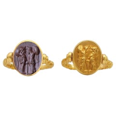 CASTOR AND POLLUX Roman Jasper Intaglio 1st-2nd cent. AD 22 Kt Gold Ring