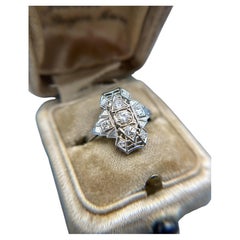 Vintage Art Deco Elongated 18k White Gold Diamond Cocktail Ring