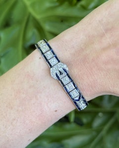 Vintage Art Deco Diamond & Sapphire Buckle Style Platinum Tennis Bracelet