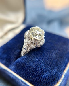 Vintage Art Deco 2.73 Carat Old European Diamond & Sapphire Engagement Ring GIA