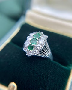 Vintage Retro Emerald & Diamond Cocktail Ring 14K White Gold