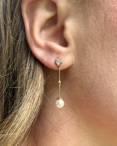 Boucles d'oreilles pendantes vintage en or jaune 14 carats, ornées de perles d'eau douce et de diamants