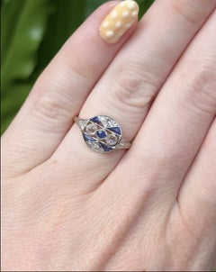 Anillo de cóctel vintage, delicado, de estilo Art Déco, con zafiro y diamantes