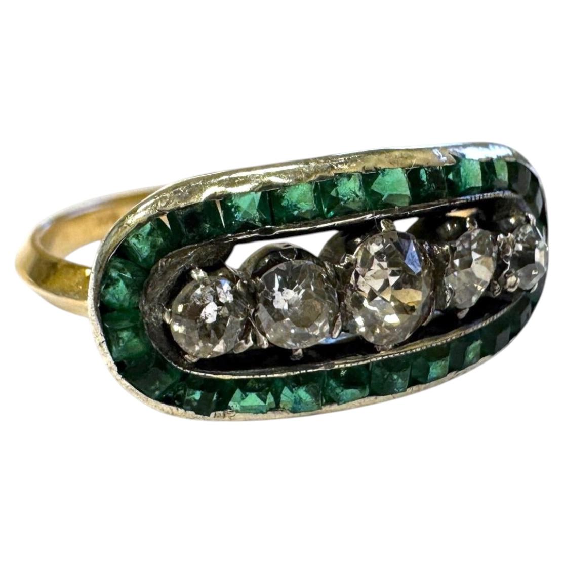 Vintage 14k Yellow Gold Emerald & Diamond Cocktail Ring For Sale