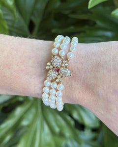 Vintage Diamond & Ruby Triple Strand Pearl Bracelet 14K Yellow Gold