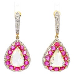 6.68 Carat Round Diamond Ruby Gold Earrings