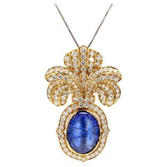 32 Carat Blue Cabochon Sapphire Diamond Gold Brooch