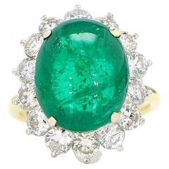 Halo 10 Carat Cabochon Emerald Diamond Gold Ring