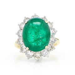 Halo 10 Carat Cabochon Emerald Diamond Gold Ring