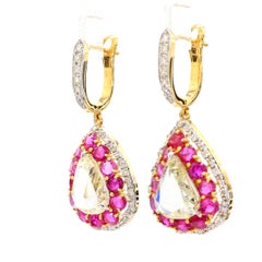 6.68 Carat Round Diamond Ruby Gold Earrings