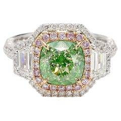 3.22 Carat Antique Cushion Green Diamond 18K Gold Ring