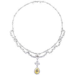 Antique 5.06 Carat Fancy Yellow Pear Shaped Diamond Drape Necklace