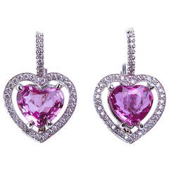 Heart Shaped Natural Pink Sapphire Platinum Earrings 1