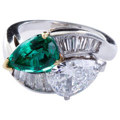 Retro Pear Shaped Diamond Emerald Platinum Bypass Ring