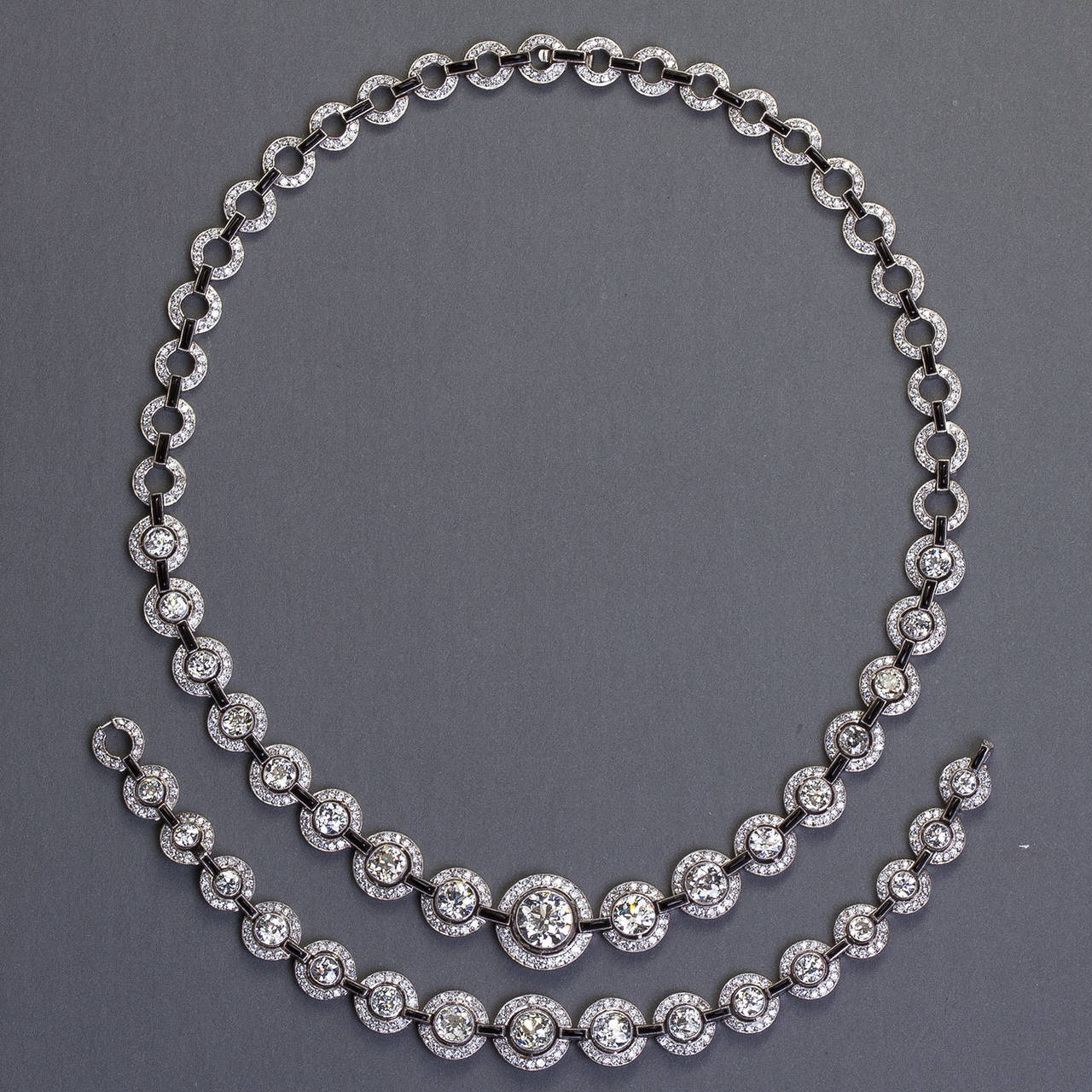 Art Deco Diamond Onyx Necklace Bracelet Set, 3.00 Carat Center 1