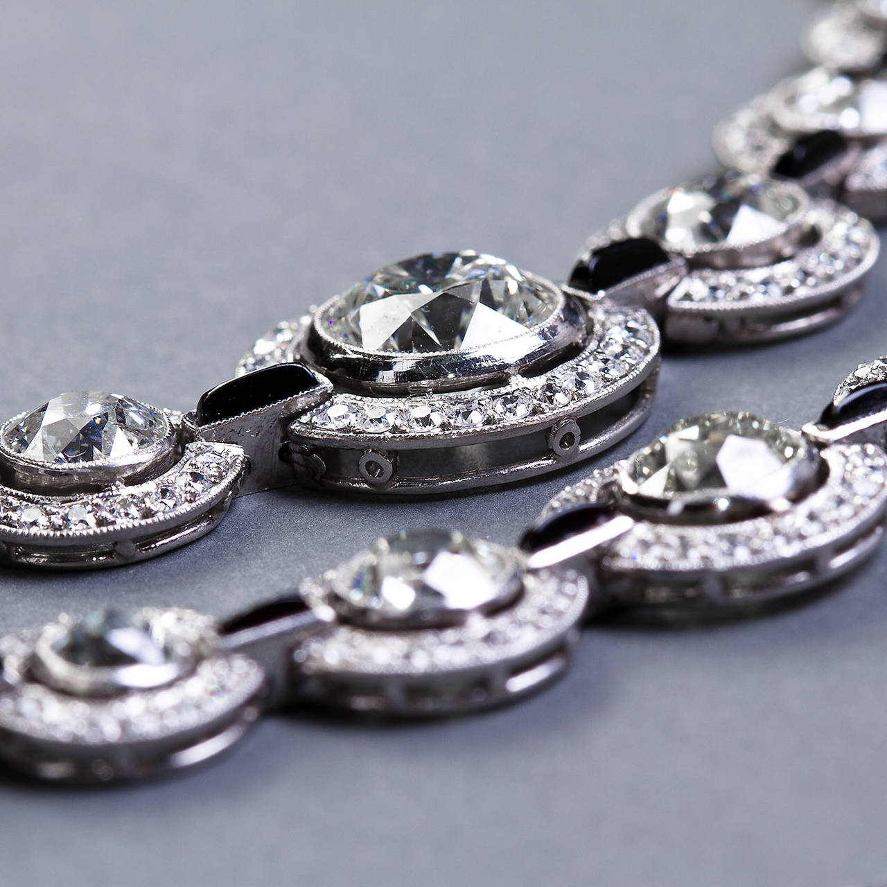 Women's Art Deco Diamond Onyx Necklace Bracelet Set, 3.00 Carat Center