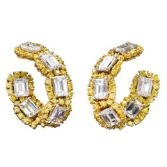 Yellow and White Diamond Gold Hoop Earrings 12.40 Carat