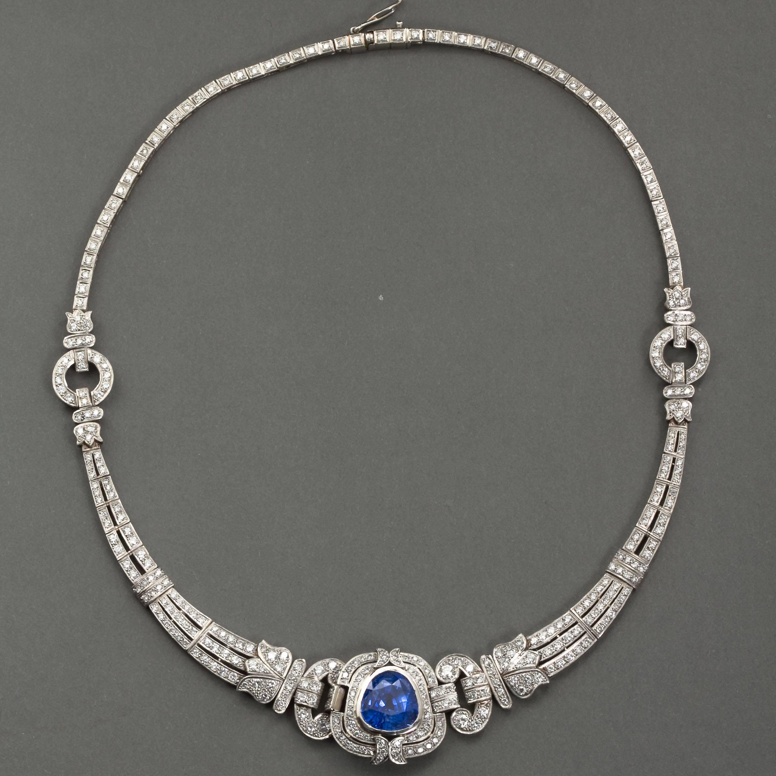 Pear Cut Art Deco Sapphire Diamond Platinum Necklace GIA Cert No Heat 15 Carat