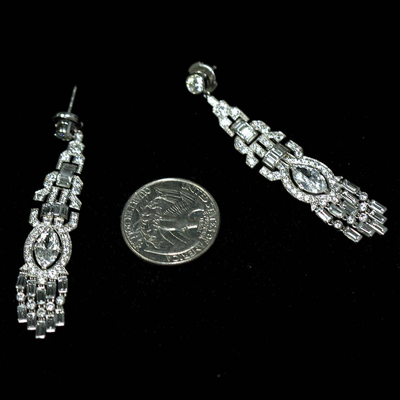 Art Deco Fancy Cut GIA Report Diamond Platinum Dangle Earrings In Excellent Condition In Lakewood, NJ
