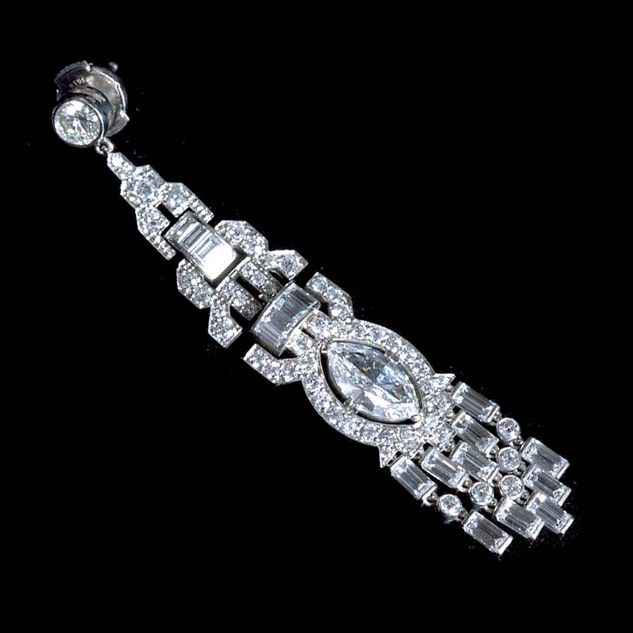 Women's Art Deco Fancy Cut GIA Report Diamond Platinum Dangle Earrings
