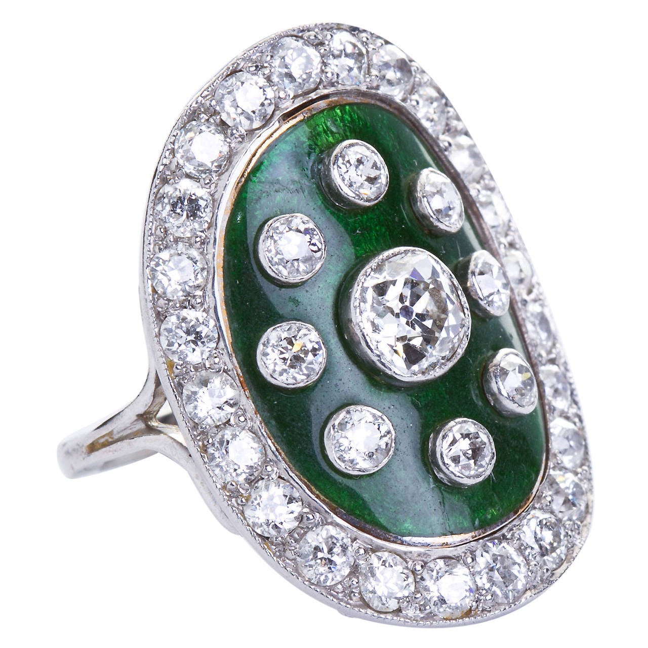 Art Deco Green Enamel Cloisonné Diamond Cocktail Ring For Sale at 1stDibs