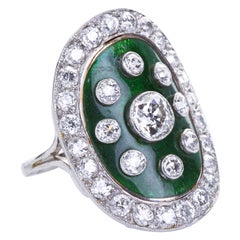 Art Deco Green Enamel Cloisonné Diamond Cocktail Ring