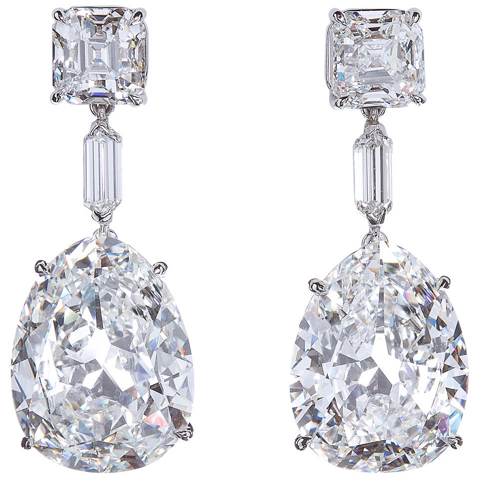 Important Large Antique Pear Shape Diamond Drop Earrings GIA Certified