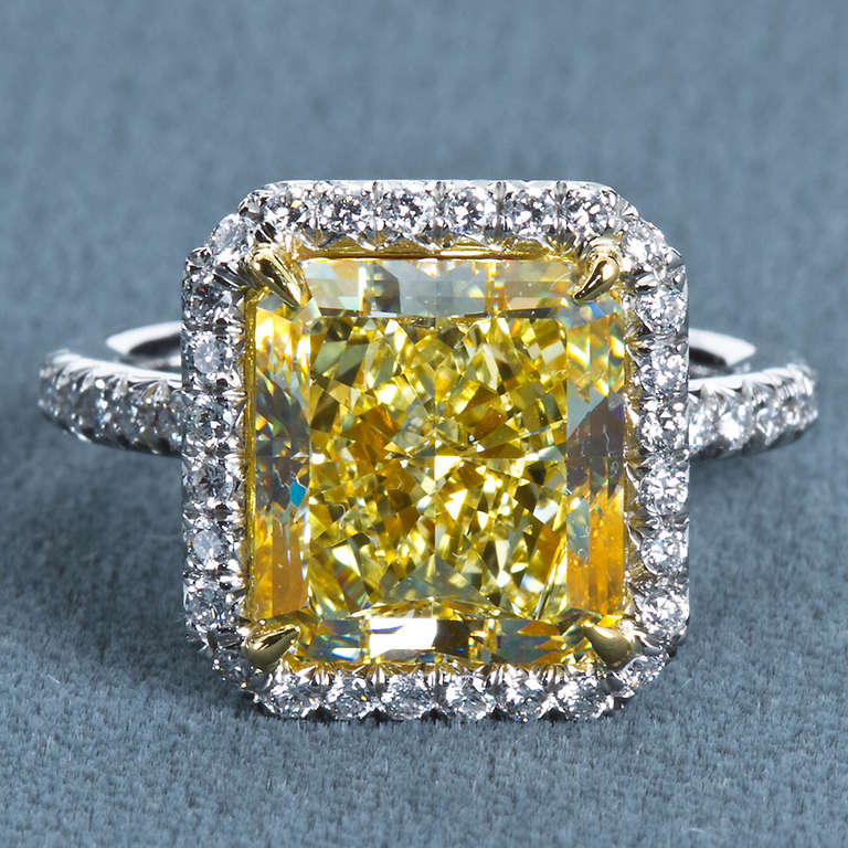 Radiant Cut 6.06 Carat Fancy Yellow Square Radiant Diamond Halo Engagement Ring GIA For Sale