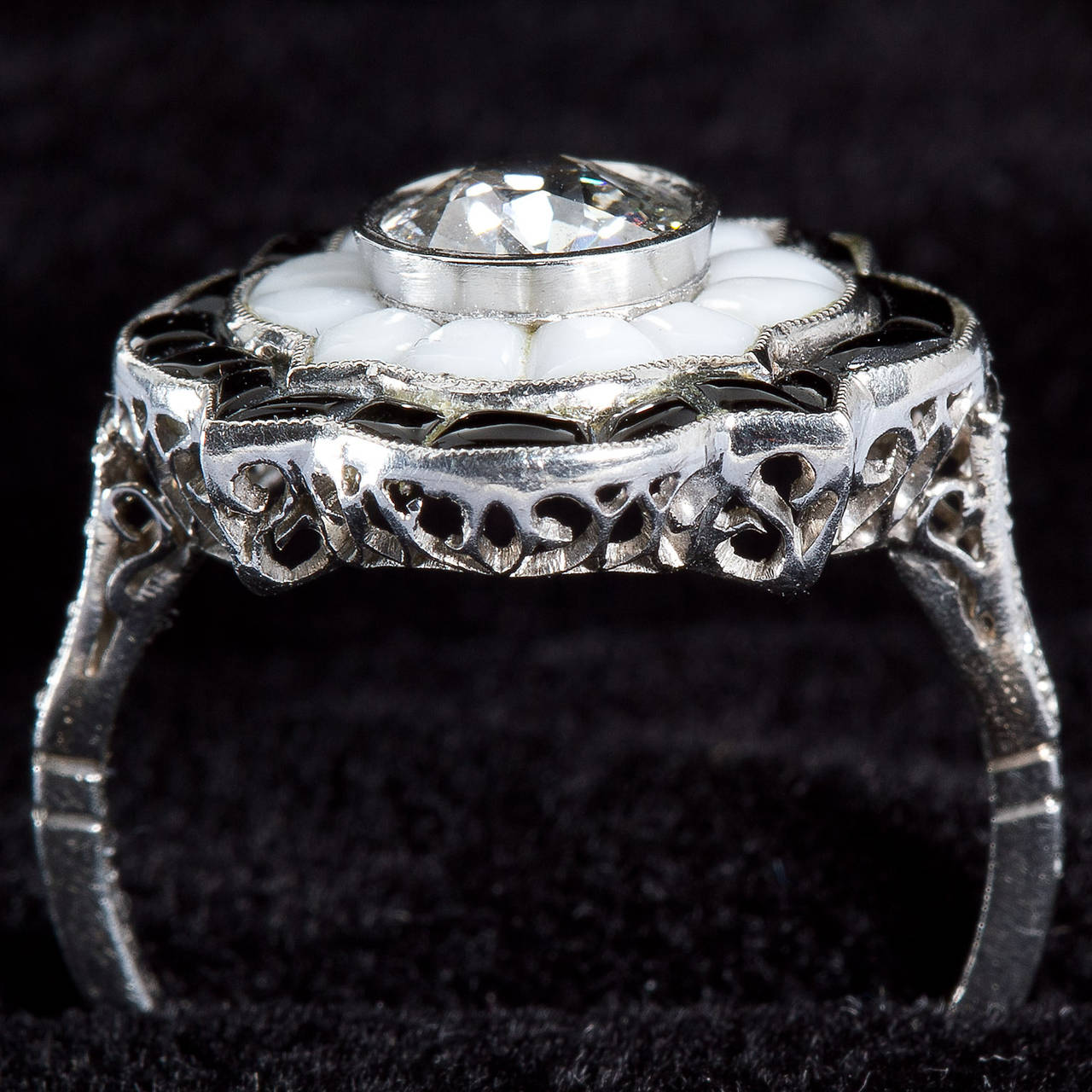 Old European  Cut Diamond Black and White Onyx Ring 1