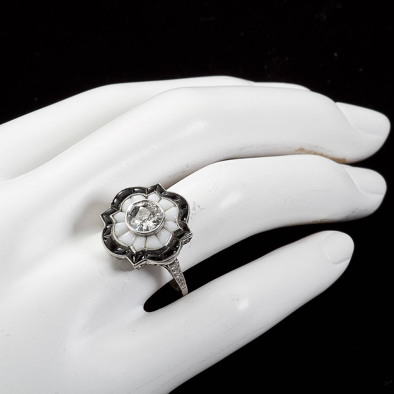 Art Deco Old European  Cut Diamond Black and White Onyx Ring