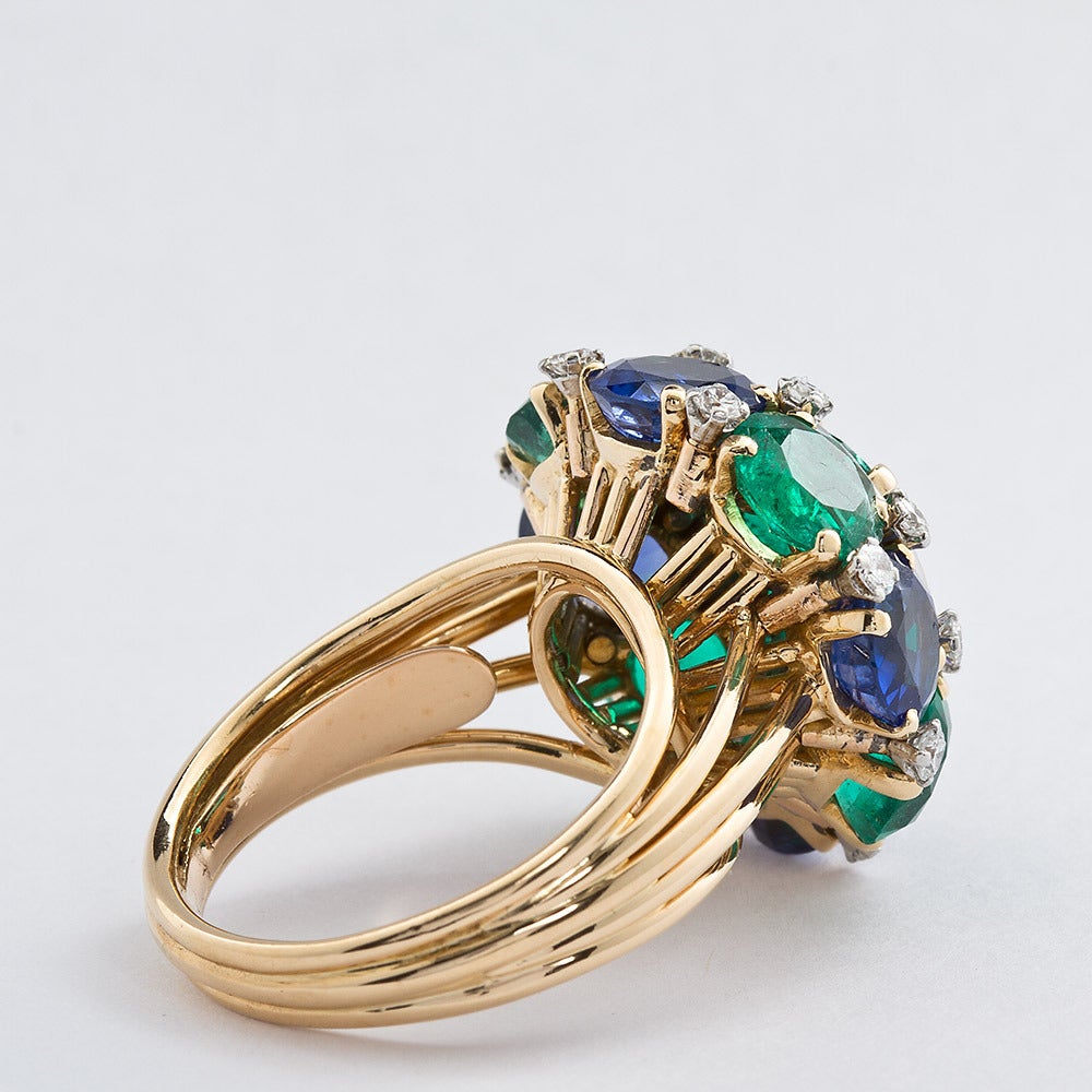 French 1950s Emerald Sapphire Peacock Dome Ring 1