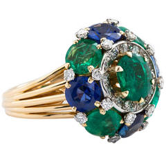 Retro French 1950s Emerald Sapphire Peacock Dome Ring