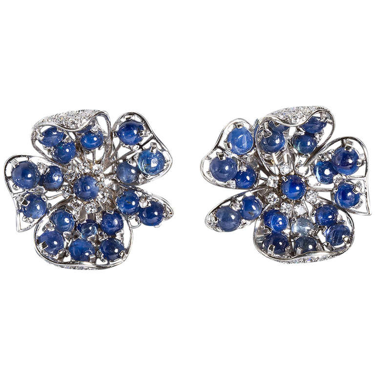 Vintage Diamond and 19.00 Carat Cabochon Sapphire Flower Earclips