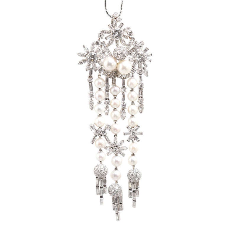 Art Deco Style 1950s Diamond Pearl Lavish Chandelier Pendant 14 Carats 2