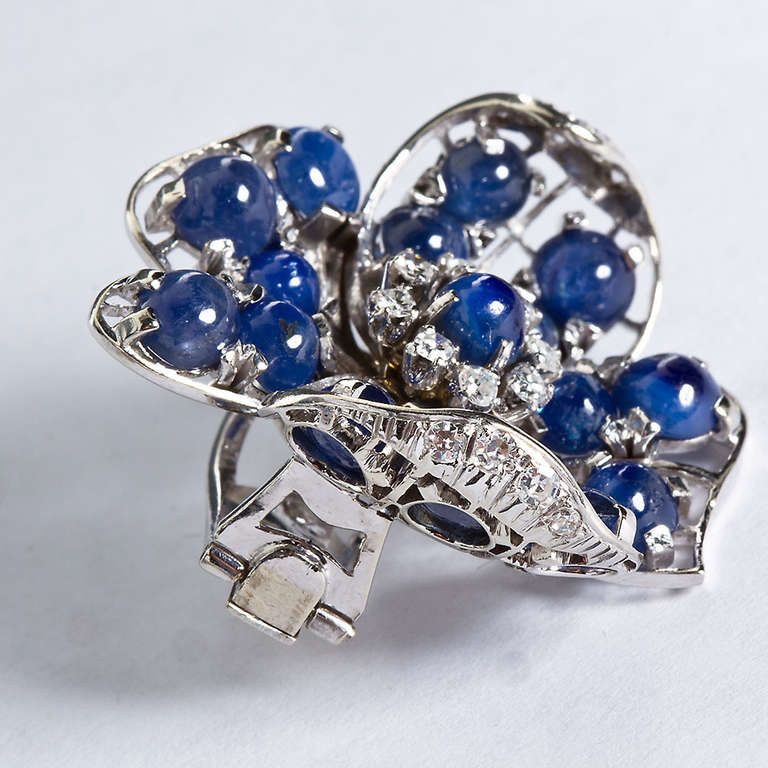 Women's Vintage Diamond and 19.00 Carat Cabochon Sapphire Flower Earclips