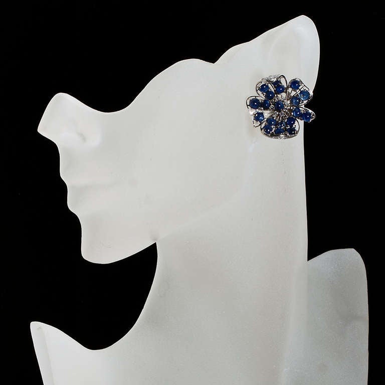 Vintage Diamond and 19.00 Carat Cabochon Sapphire Flower Earclips 3